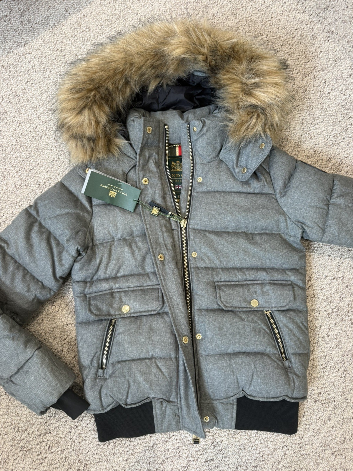 Holland Cooper Cervinia Puffer Grey tweed Jacket Coat faux Fur Hooded Small