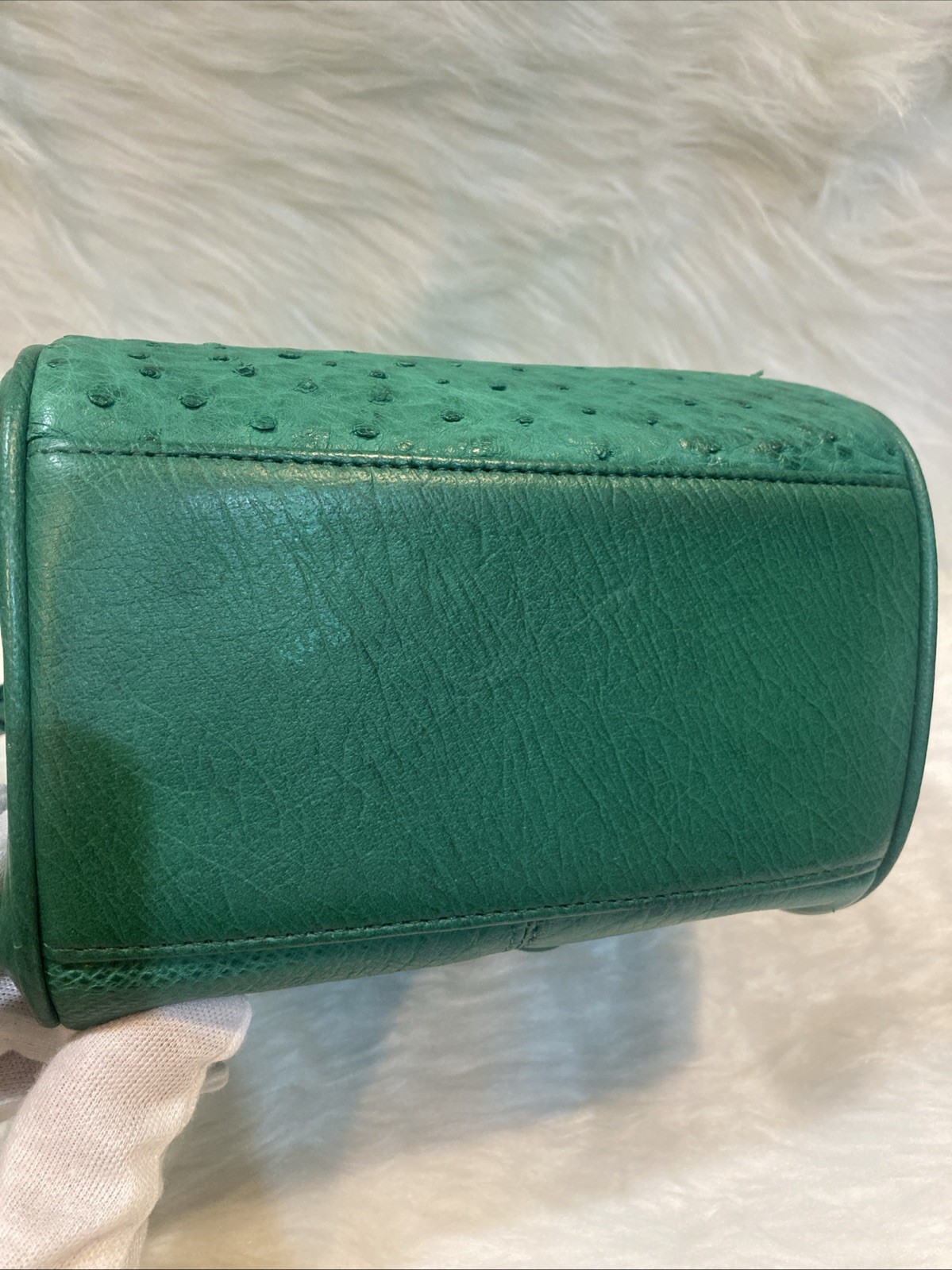 Ostrich Leather Shoulder Bag Green Crossbody Purse Women’s 17cm Vintage