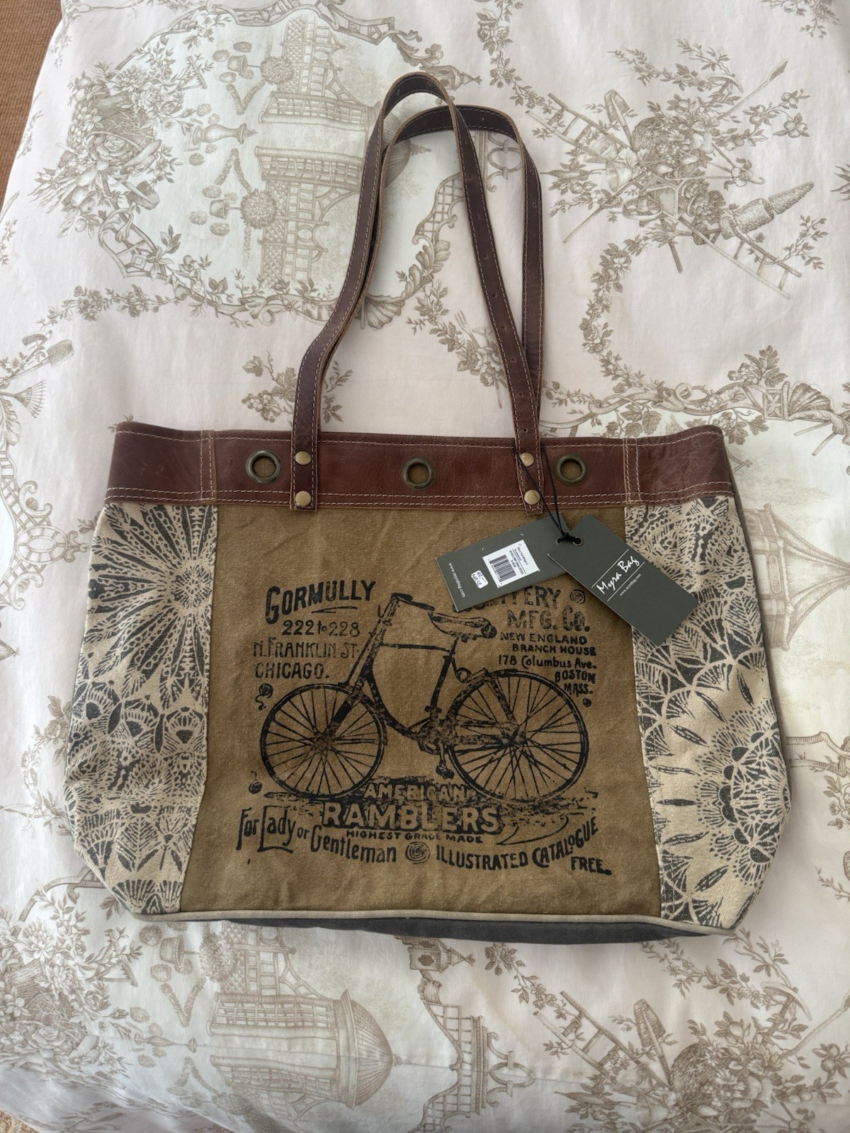 Myra Bags Womens Vintage Look By-Cycle Upcycled Materials Tote Bag, Bike S-0935