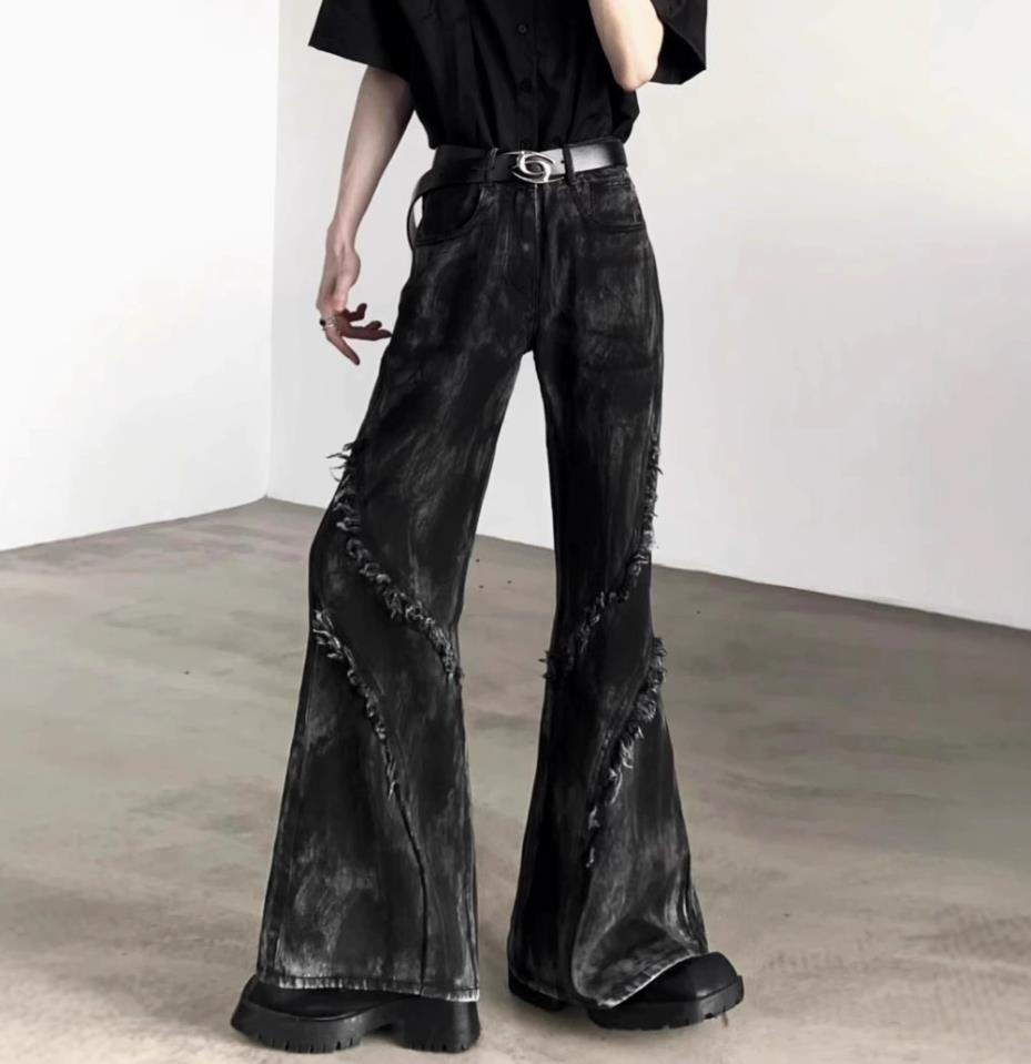 Men’s Black Denim Jeans Flared Casual Punk Hip Hop Trousers Tassels Pants New