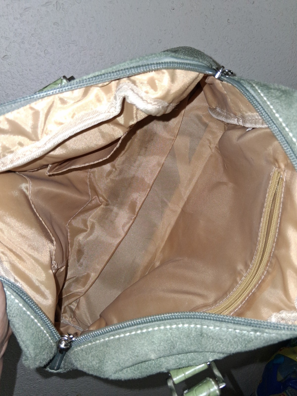 Green Suede Shoulder Bag Buckle Accent Zipper Closure Inner Pockets Classic