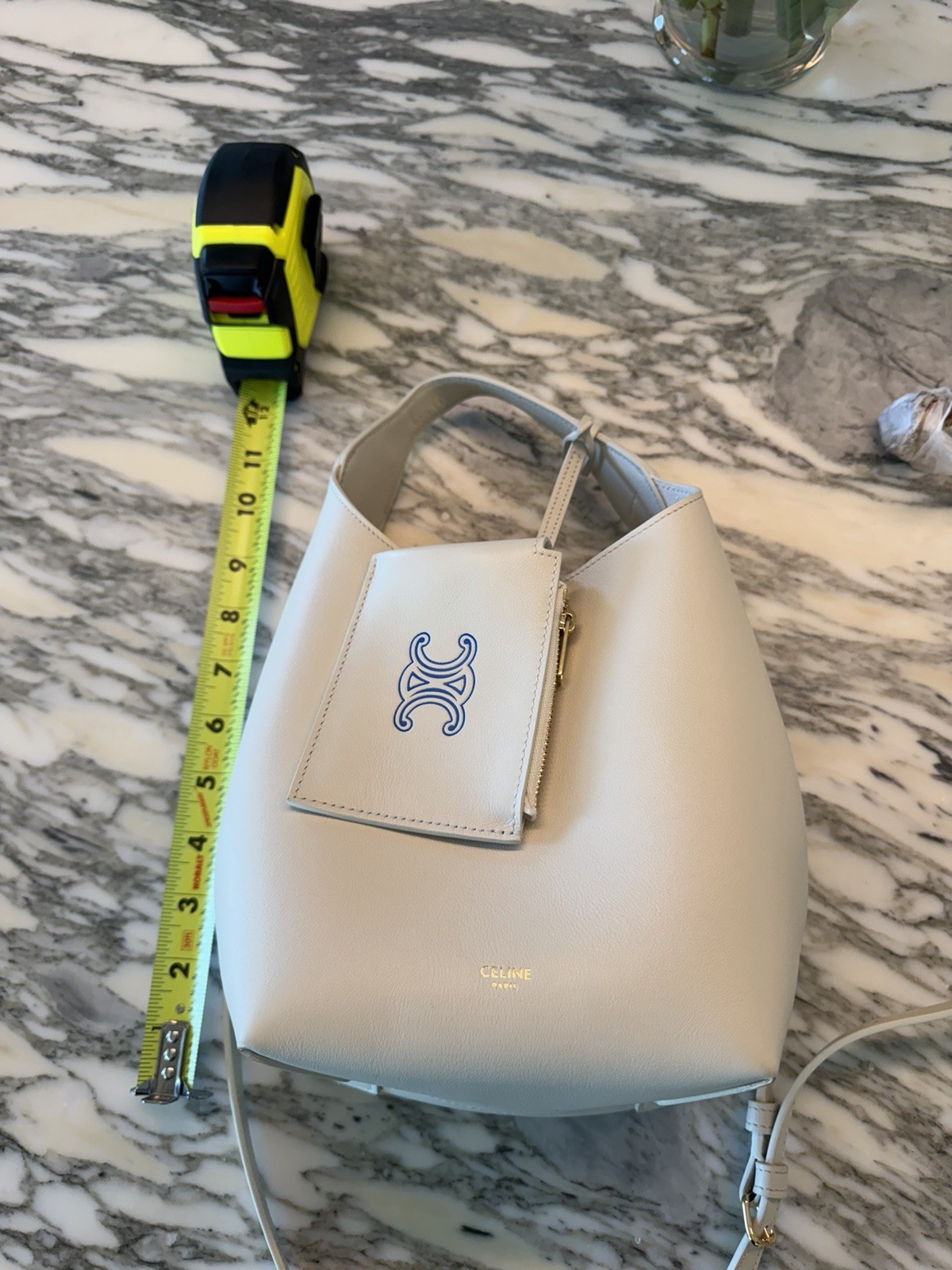 CELINE Triomphe Light Blue Small Bucket Shoulder Bag Detachable Strap Pouch
