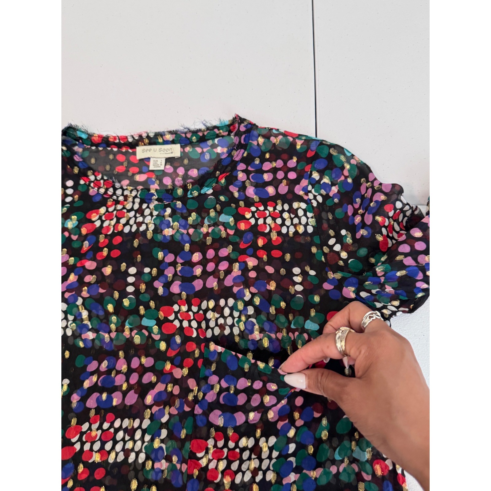 See U Soon 100% Silk Abstract Polka Dot Metallic Blouse Small gf