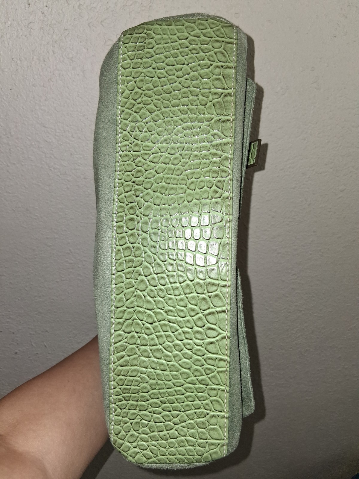 Green Suede Shoulder Bag Buckle Accent Zipper Closure Inner Pockets Classic