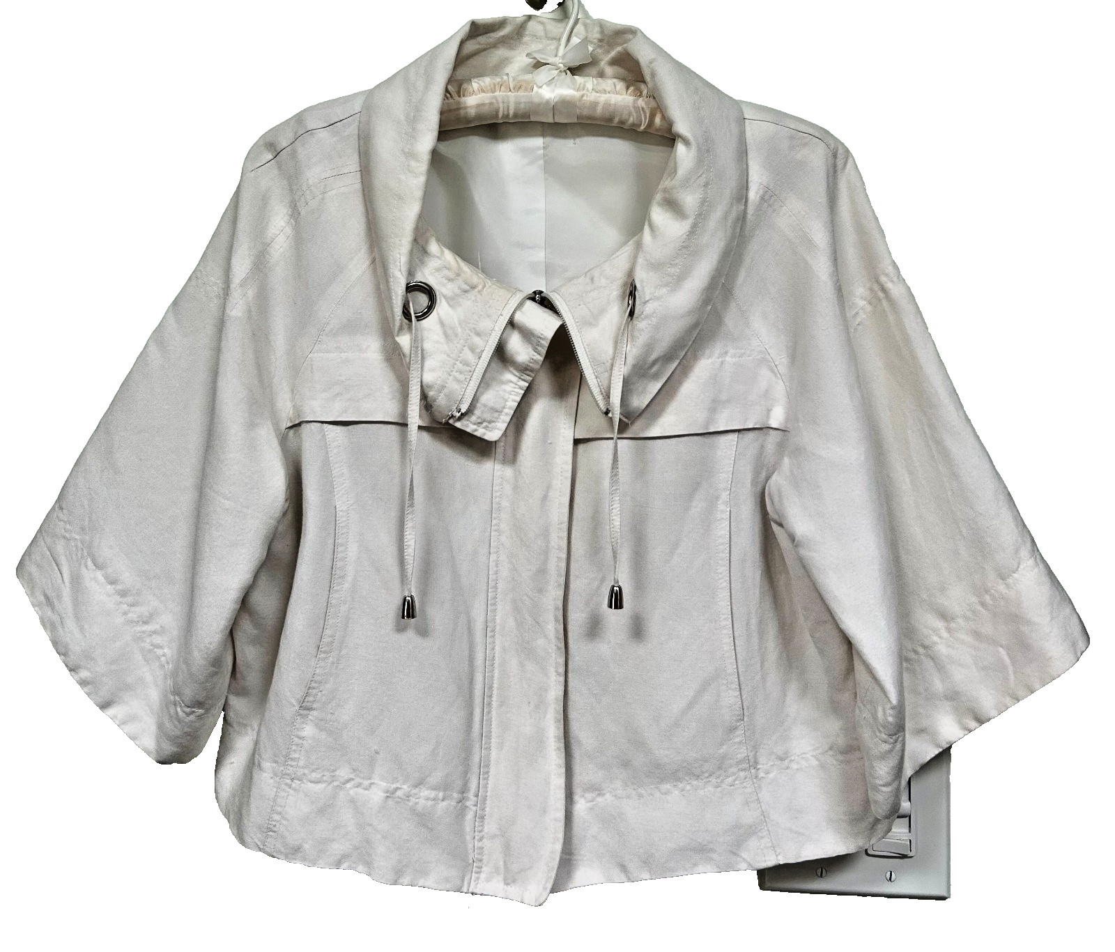 Jacket dressy white cotton tailored 2 pockets big collar wide ¾ sleeves lined