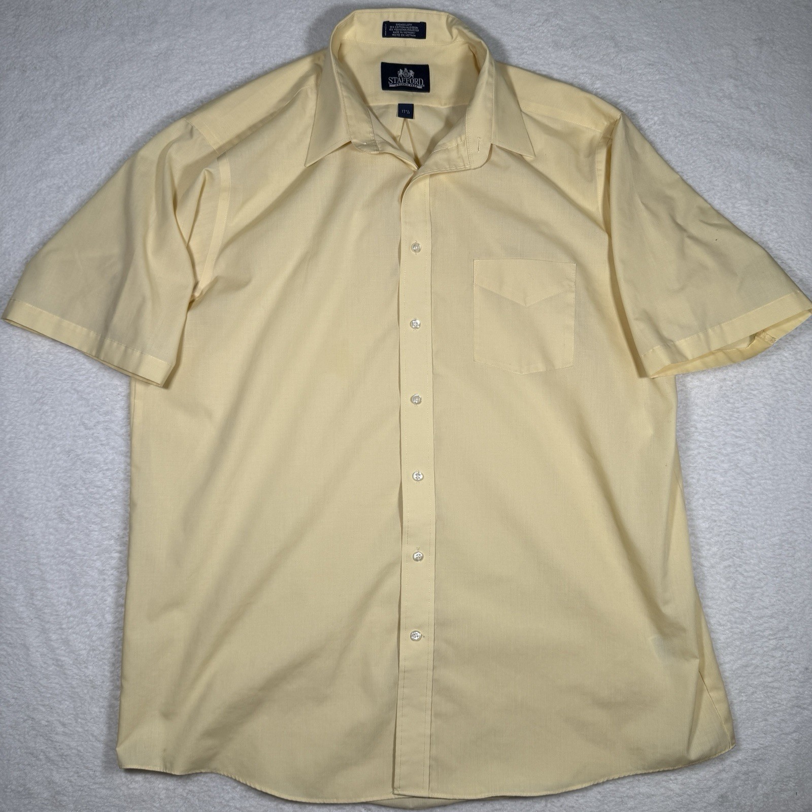 Stafford Shirt Mens X-Tall 17.5 Pale Yellow Wrinkle-Free Broadcloth Short Sleeve