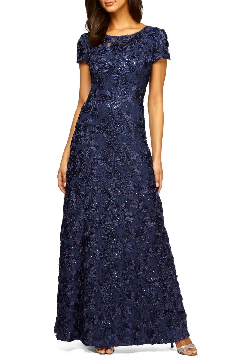 Alex Evenings Navy Blue Sequin Rosette Lace A-Line Gown Size 14 $269