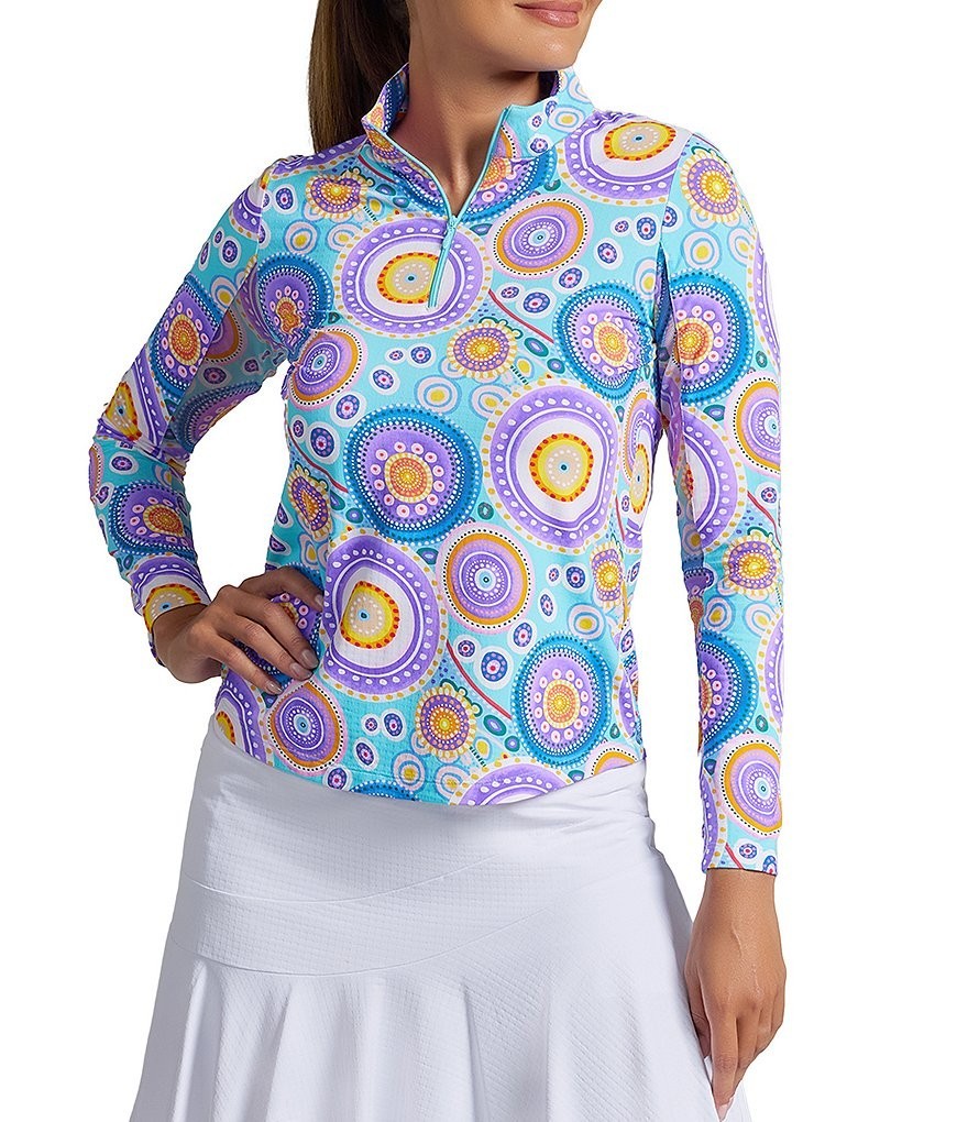 $101 IBKUL Women’s Leona Print Long Sleeve Mock Neck Top-Seafoam-Medium-New Tags