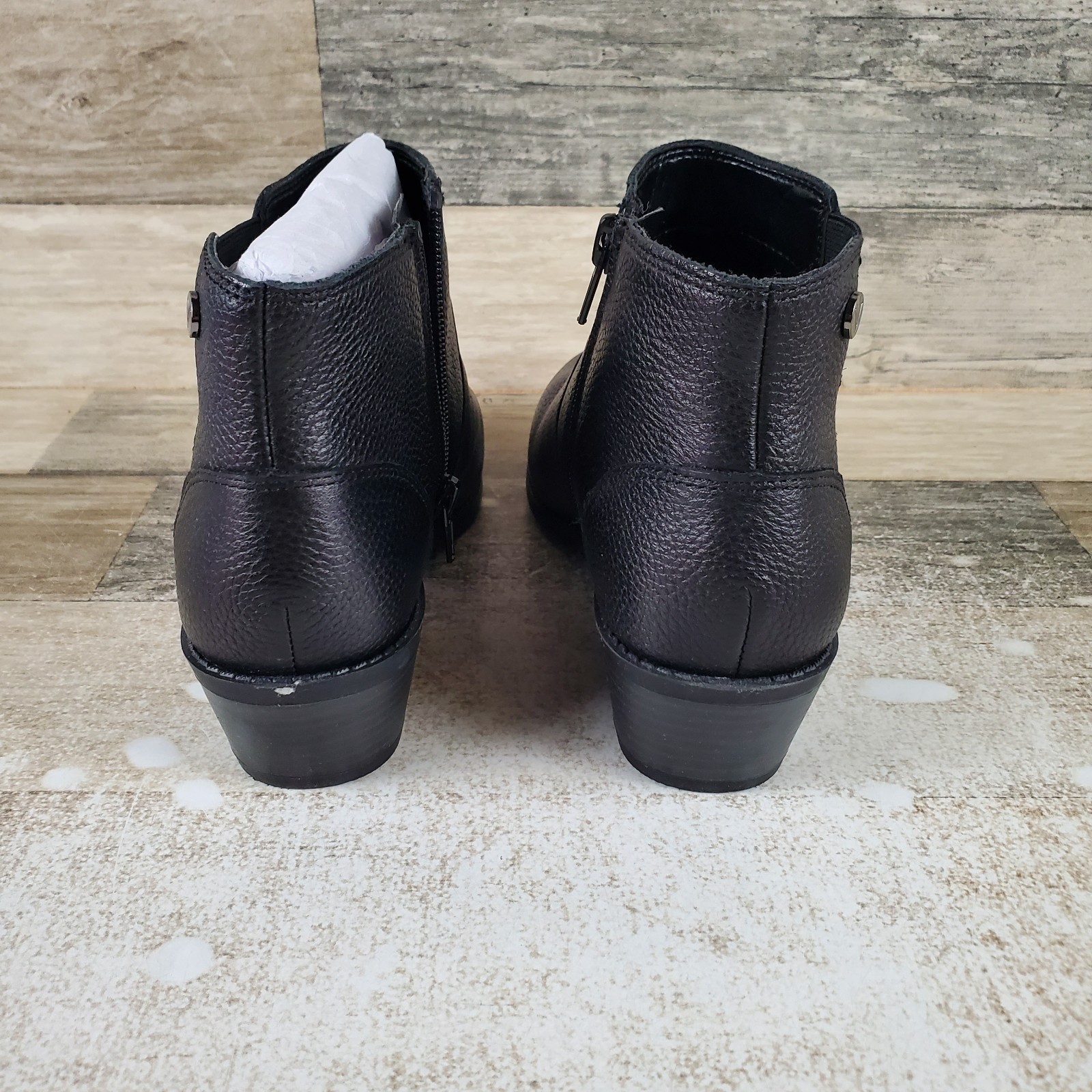 Vionic Finn Womens Booties Sz 5 Black Leather Side Zip Elastic Gore Ankle Boots