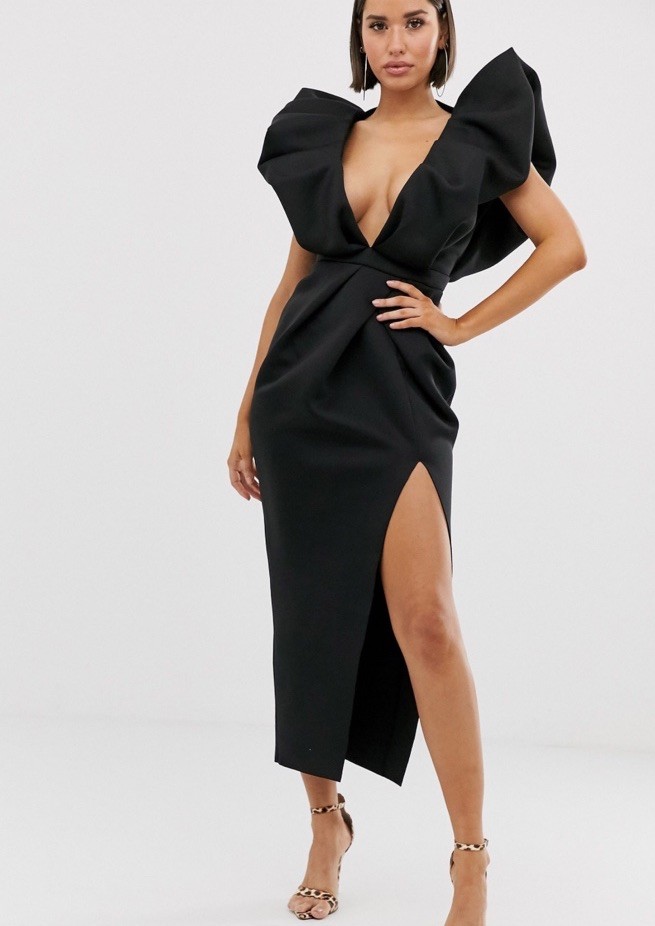 ASOS DESIGN Black V-Neck Maxi Dress L Puff Sleeves Backless High Split