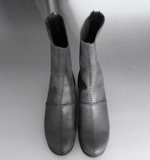 Men Real Leather Mid Calf Boots Shoes Round Toe Comfort Retro Handmade Stitching