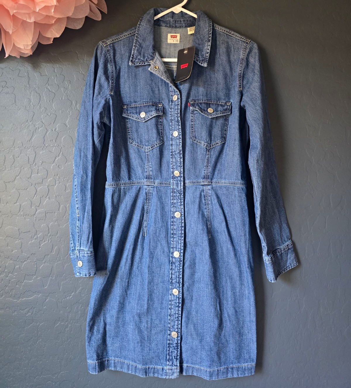 Levi’s Blue Denim Shirt Dress Collared Button Front Pockets Long Sleeve M