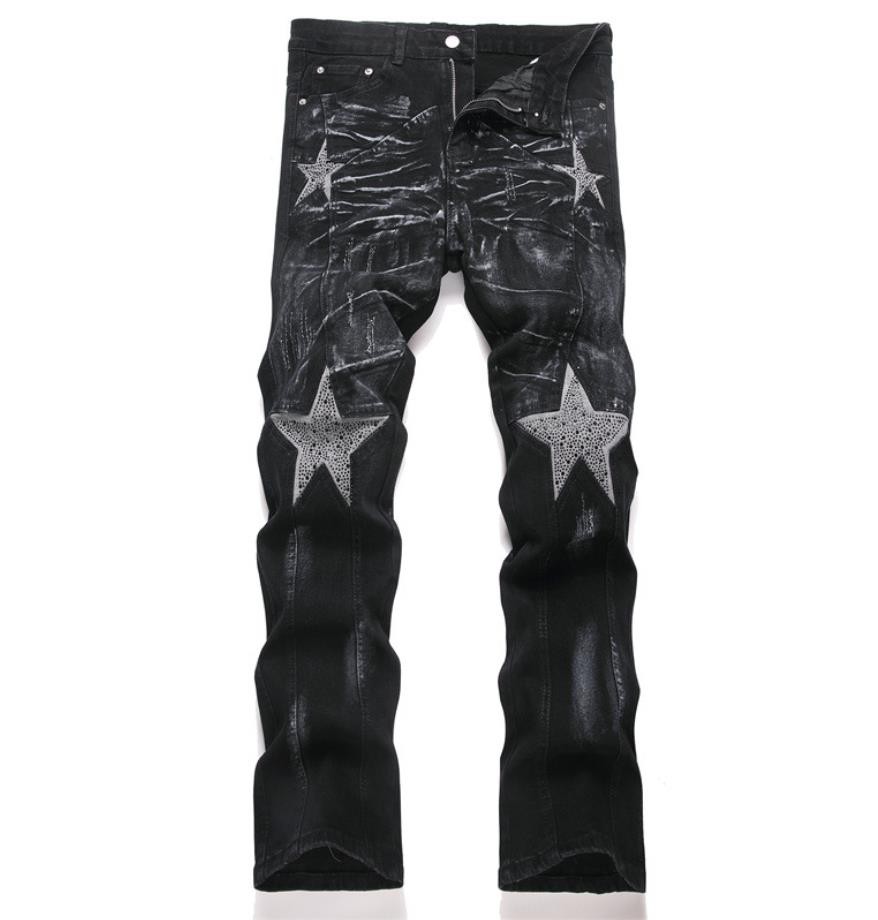 Men’s Black Denim Jeans Straight Leg Casual Pants Stars Stretch Punk Hip Hop New
