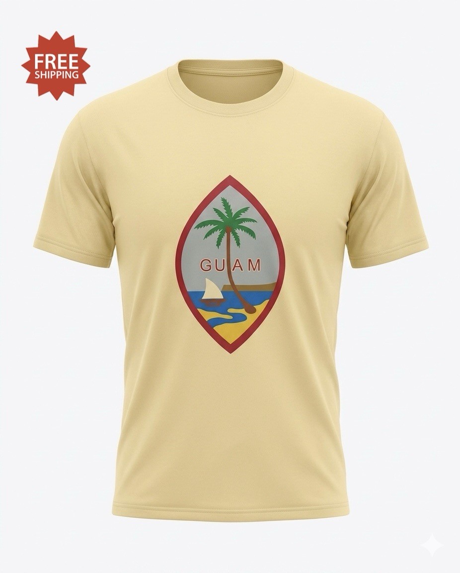 “GUAM” Yellow / Maze Beach Scene T-Shirt – Size L / LARGE – by MV Sport – NWT!