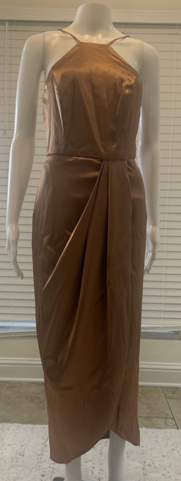 After Six Stretch Satin Toffee Halter Midi Dress with Draped Tulip Skirt Size 2R