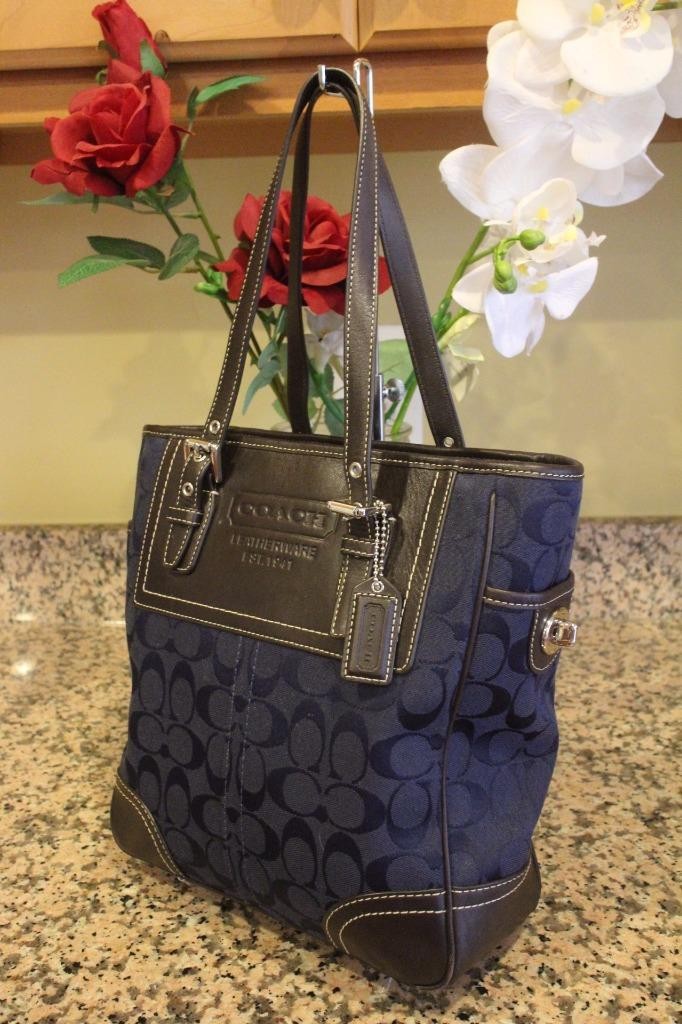 Coach monogrammed navy canvas and leather shoulder bag # F10659 (pu150