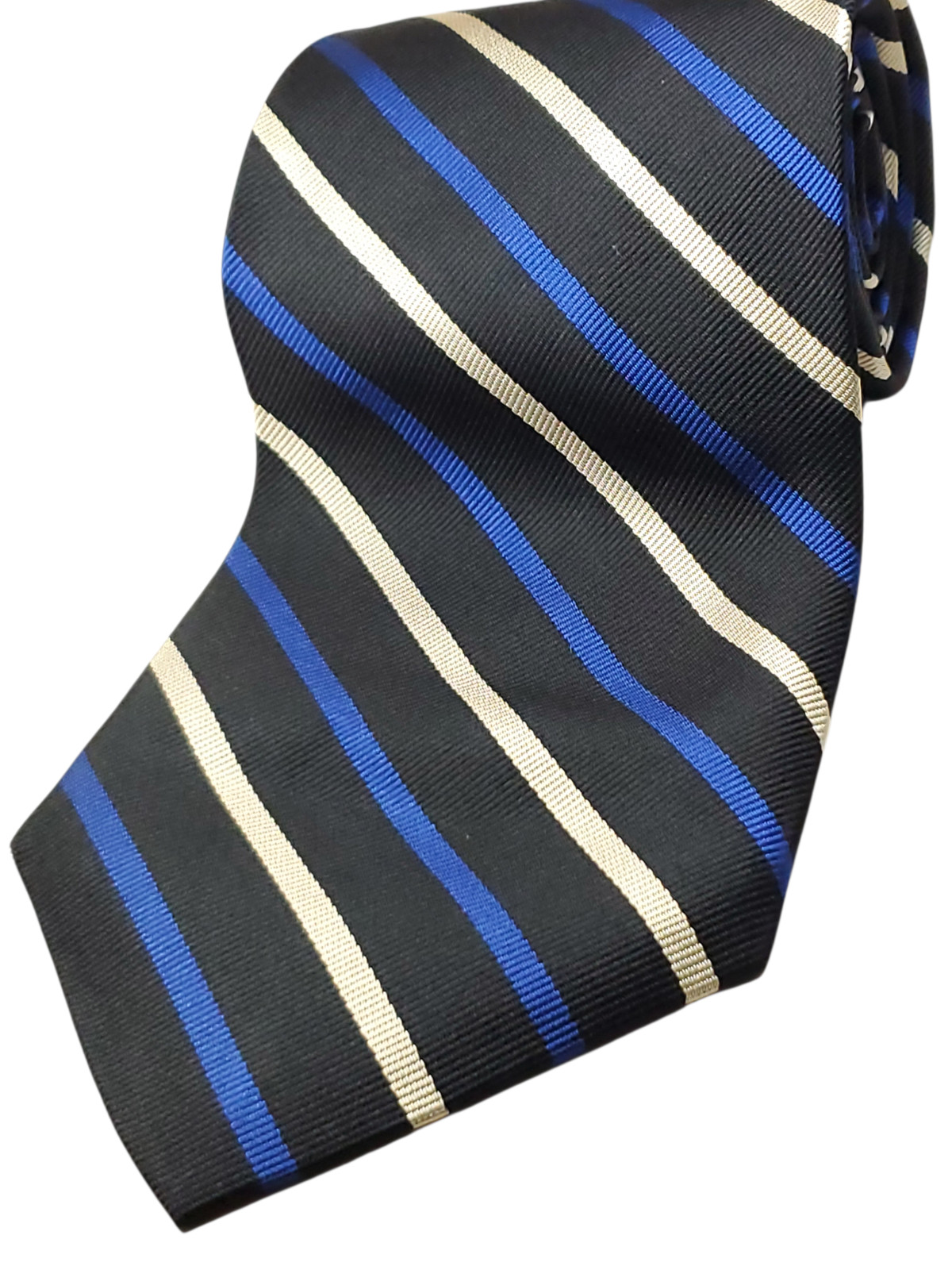 HAROLD POWELL made in USA 100% Silk Tie Black Blue Beige Gold Striped NEW