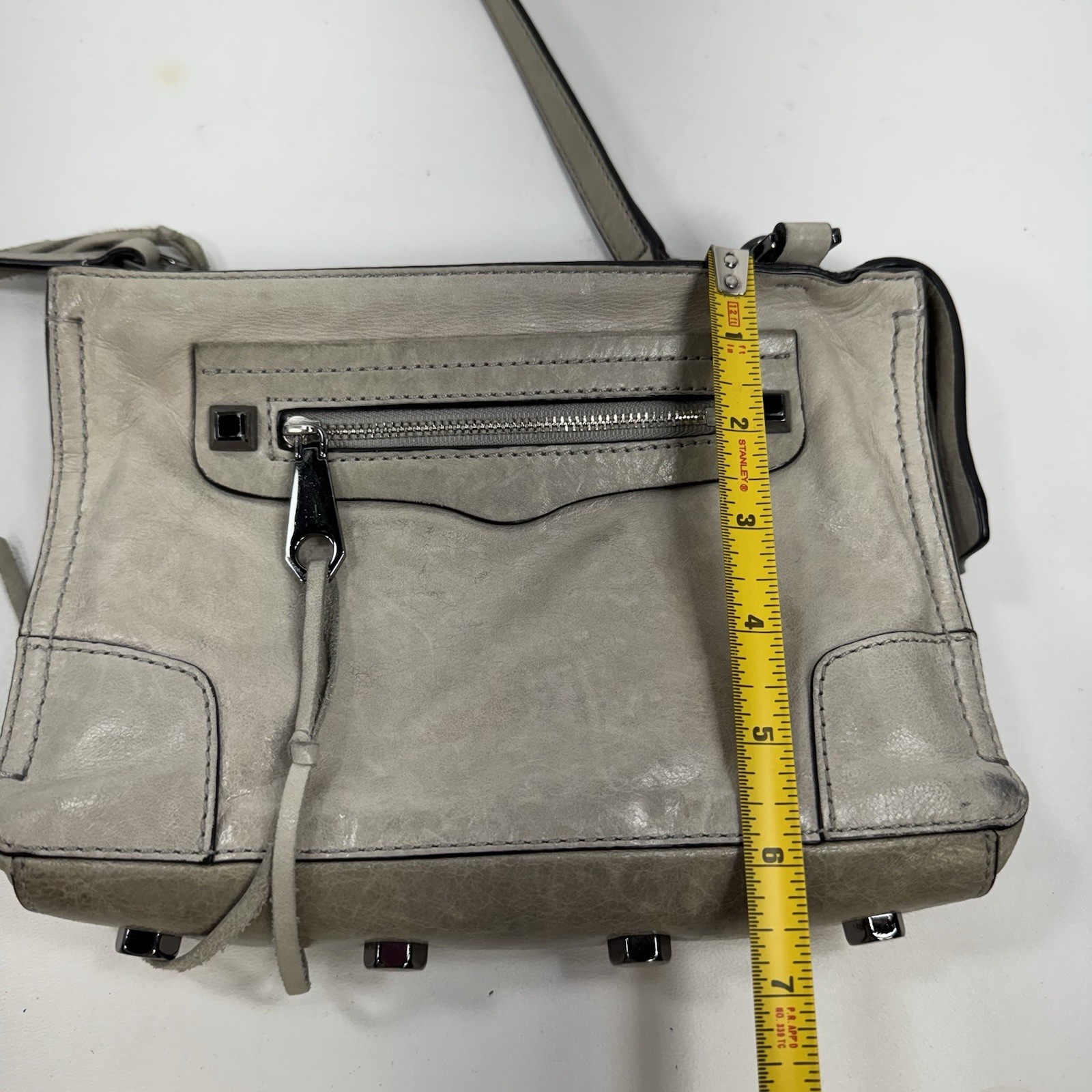 Rebecca Minkoff Gray Leather Mini Zip Top Crossbody Purse Bag w/ Bottom Studs