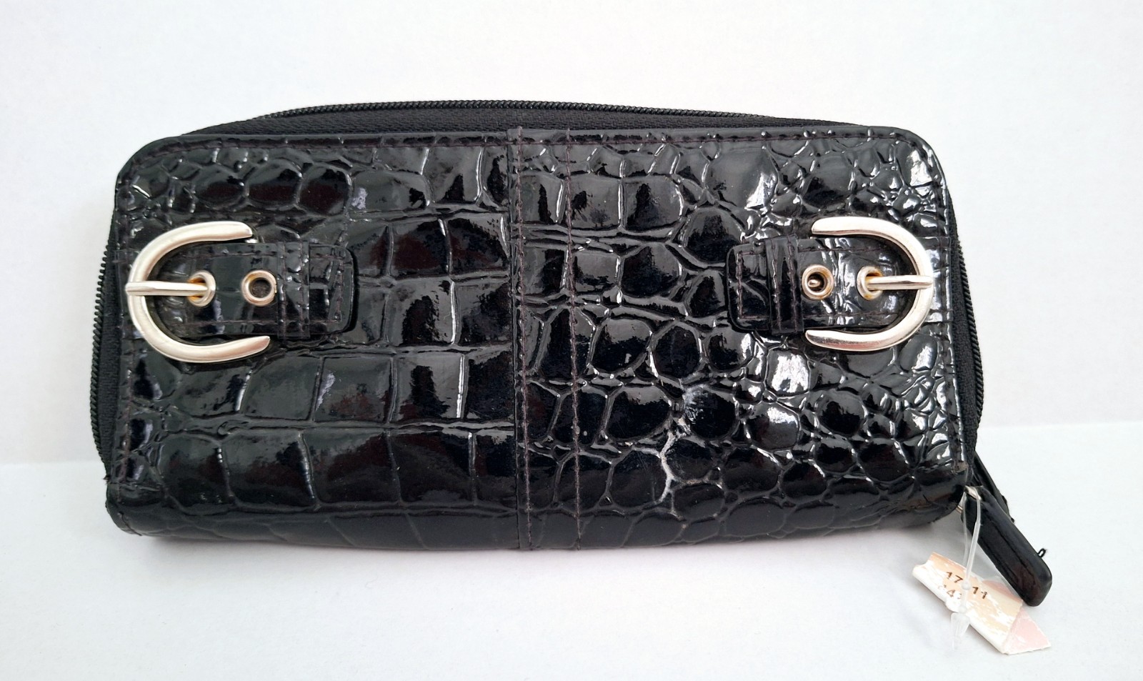 Women’s Black Patent Croc Embossed Zip Around Wallet Clutch Organizer Wristlet