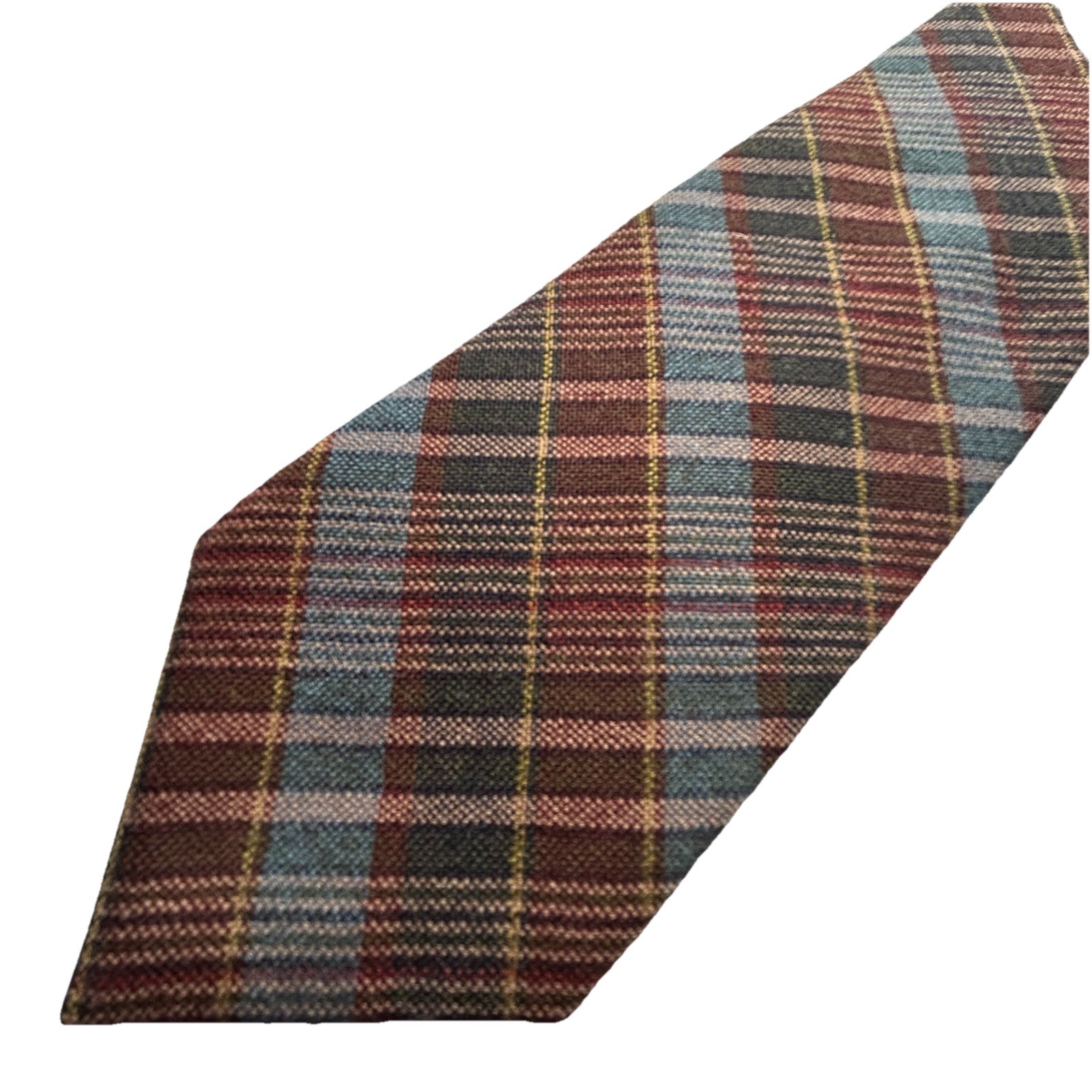 Gilhes Baton Rouge Tie Brown Blue Tan Plaid Wool Woven in SCOTLAND 3” X 56” NWOT