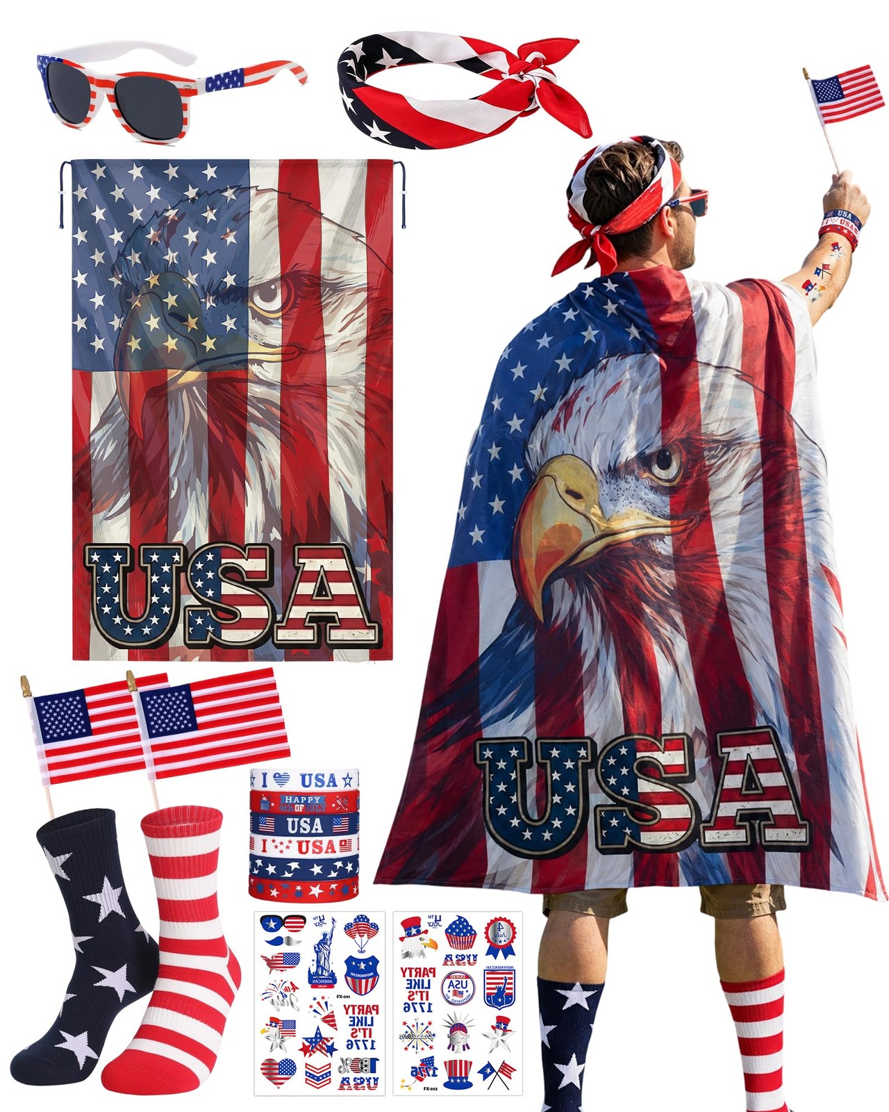 4th of July Outfits – Patriotic Costume American Flag Cape Set for eagle