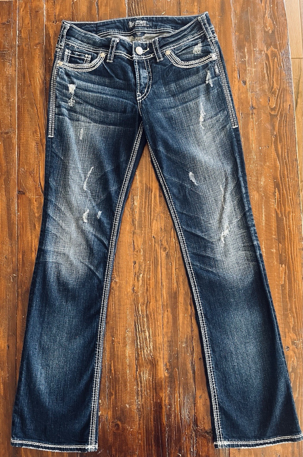 Silver Jeans Women’s Blue Dark Wash Bootcut Slim Stretch Distressed 5-Pocket