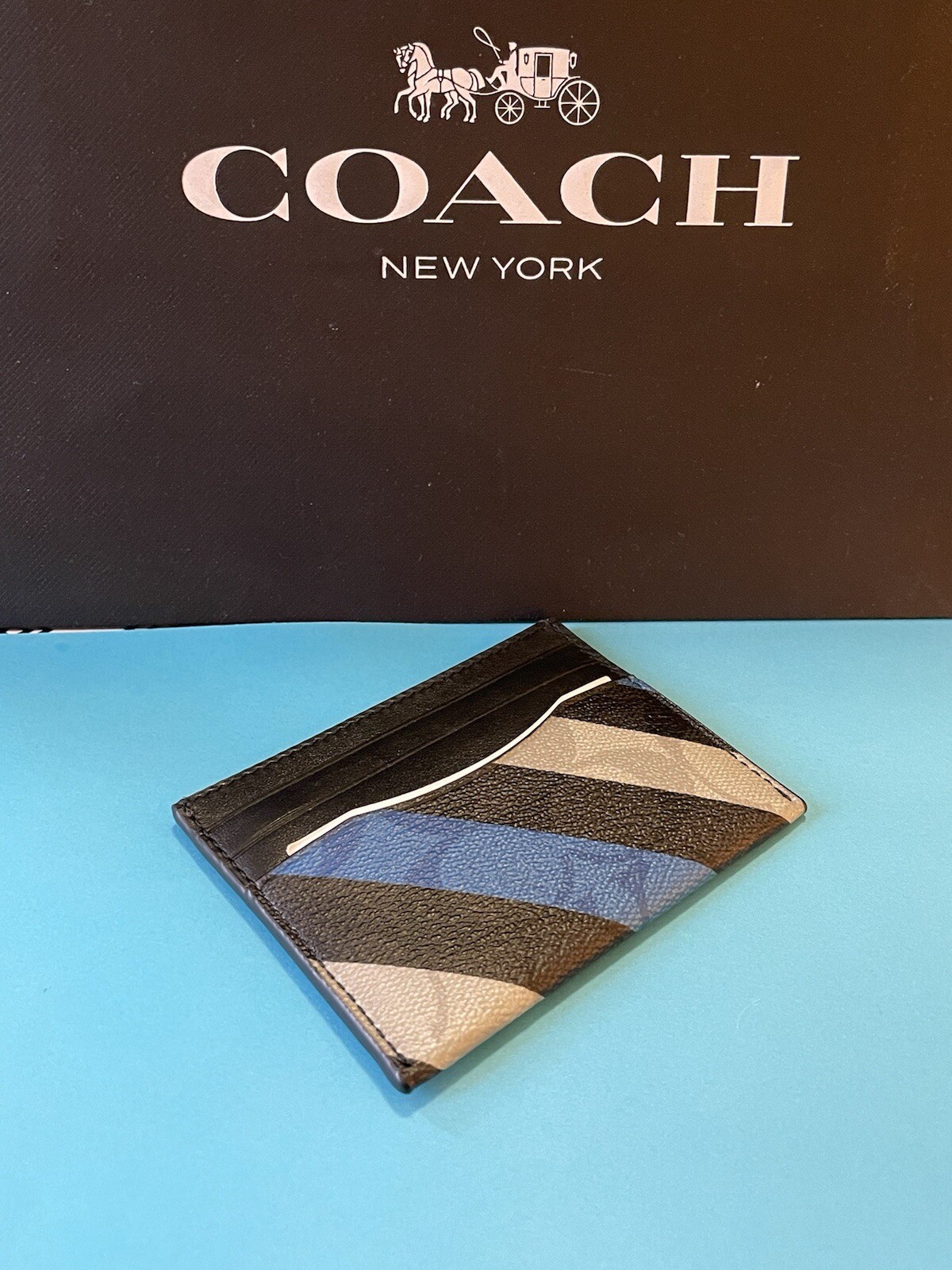 NWT Coach Slim Card Case With Diagonal Stripe Print Blue/Multi