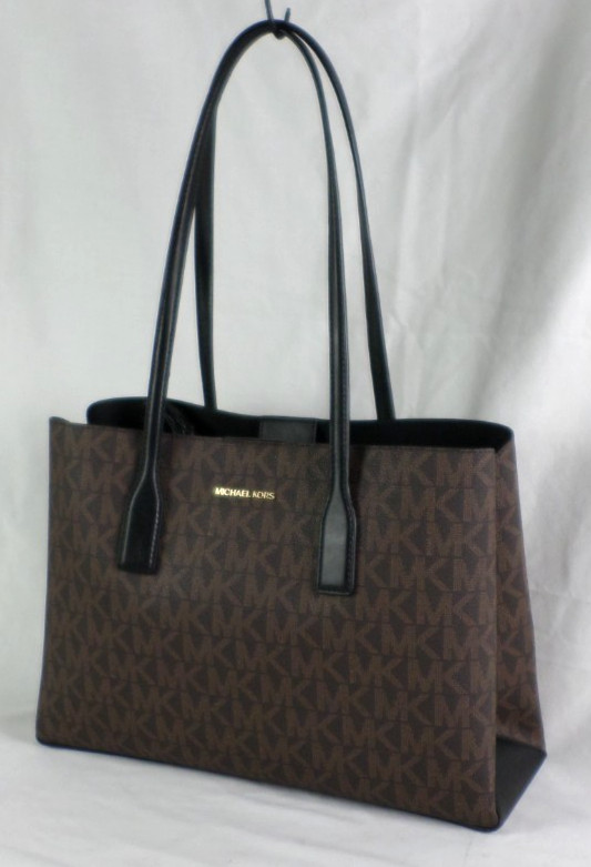 Michael Kors Dark Brown PVC Black Leather Large Tote Satchel Shoulder Bag MINT