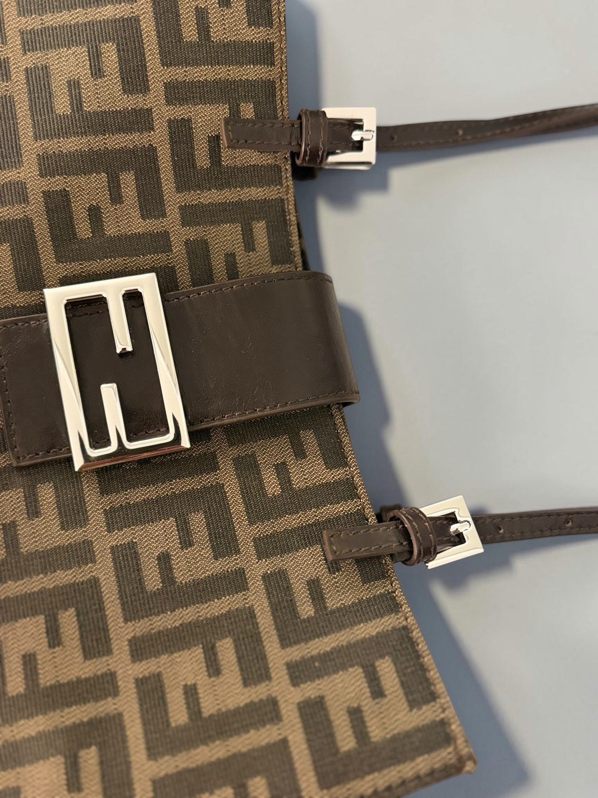 Fendi Zucca FF Monogram Brown Tote Bag Silver Hardware Magnetic Closure Pockets
