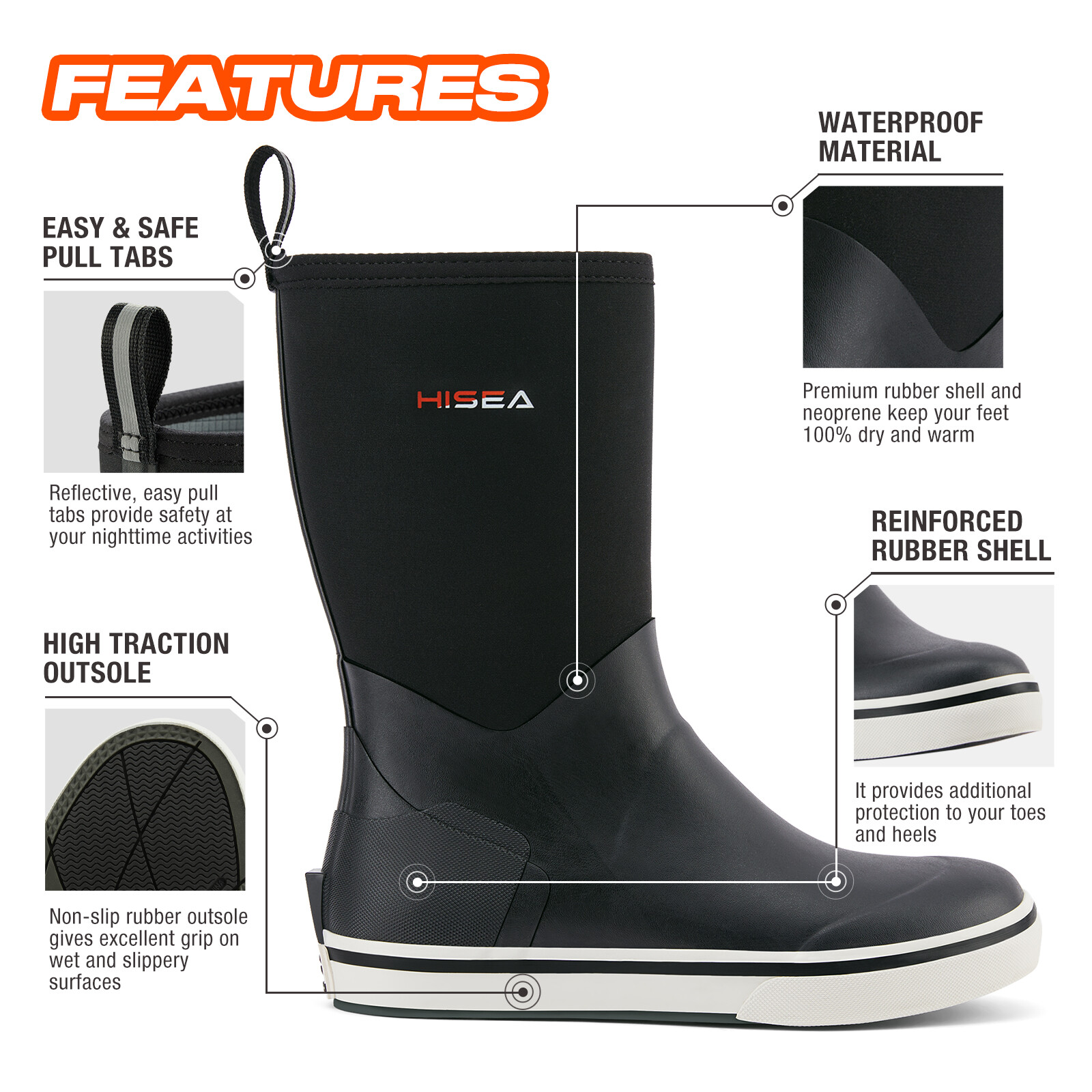 HISEA Men Mid-Calf Fishing Deck Boots Waterproof Non-Slip Gardening Rain Boots