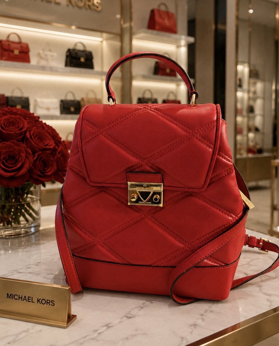 Michael Kors Red Quilted Backpack Top Handle Gold Hardware Adjustable Strap