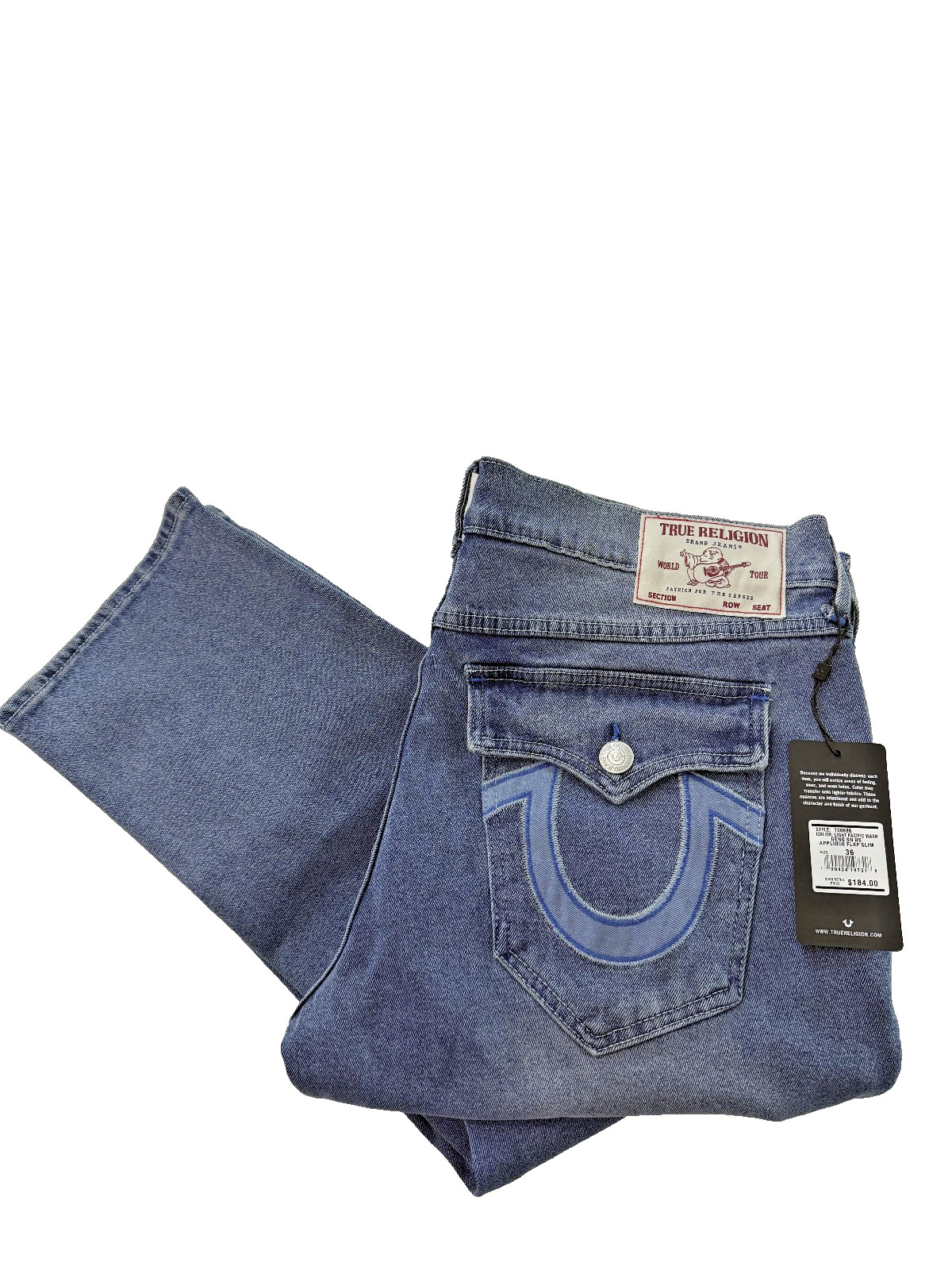 TRUE RELIGION – GENO RELAXED SLIM W36L32 – HORSESHOE APPLIQUE – LIGHT WASH – NEW