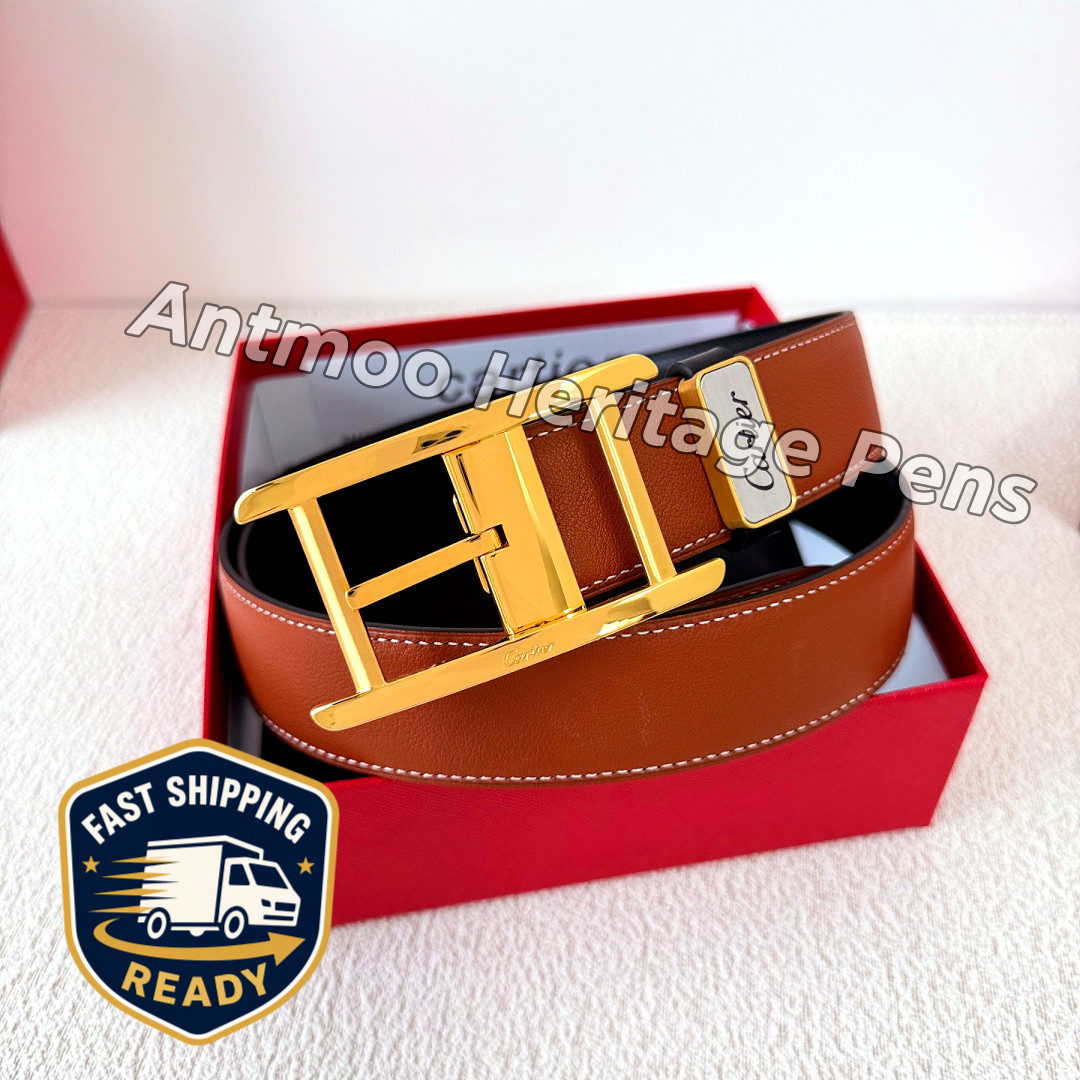 CARTIER Reversible Leather Belt Brown Black Gold Buckle Luxury Men’s w/ Gift Box