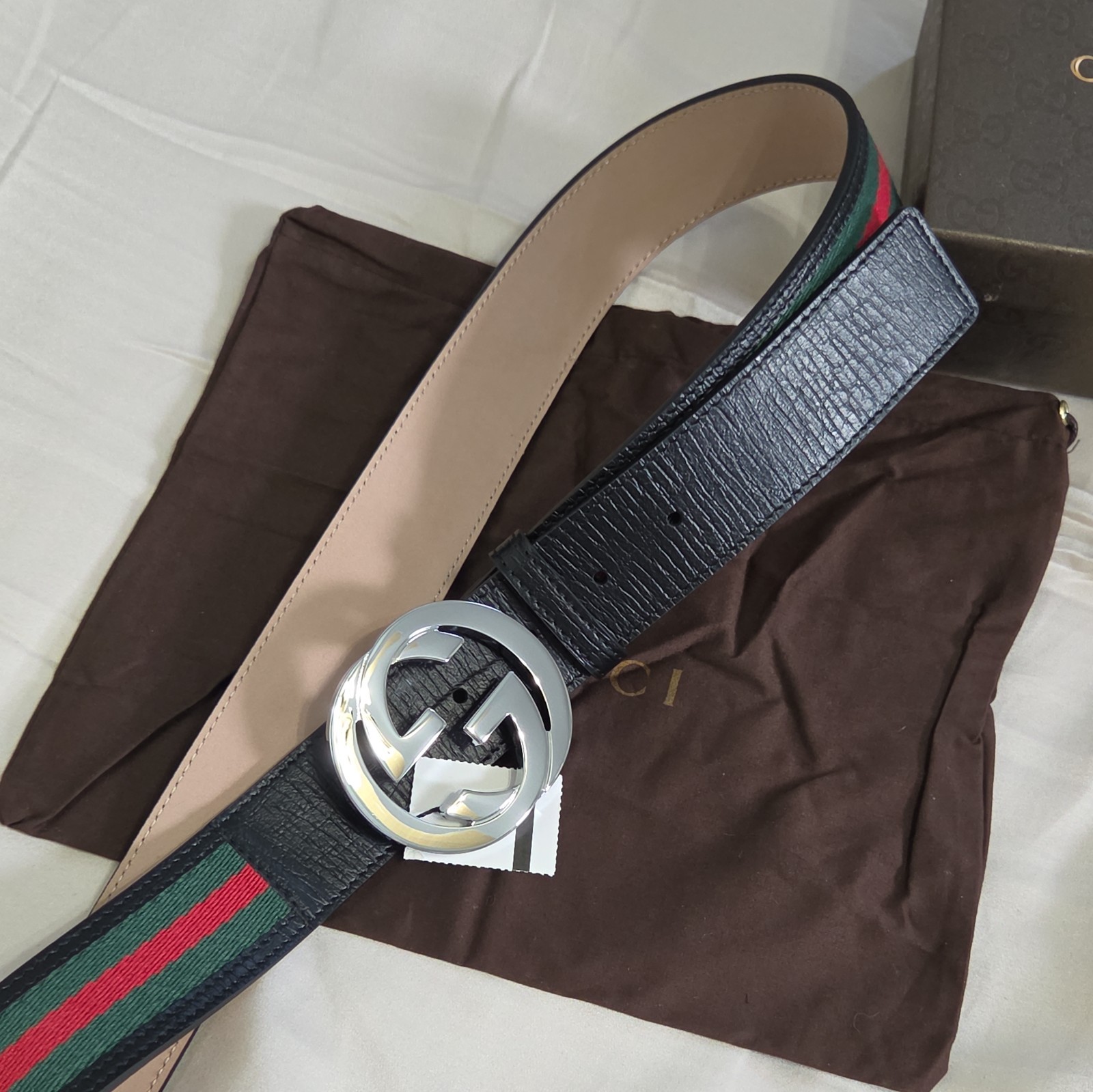 Authentic Gucci Black Green And Red Striped Belt, Men Size 34-36 IT 100CM