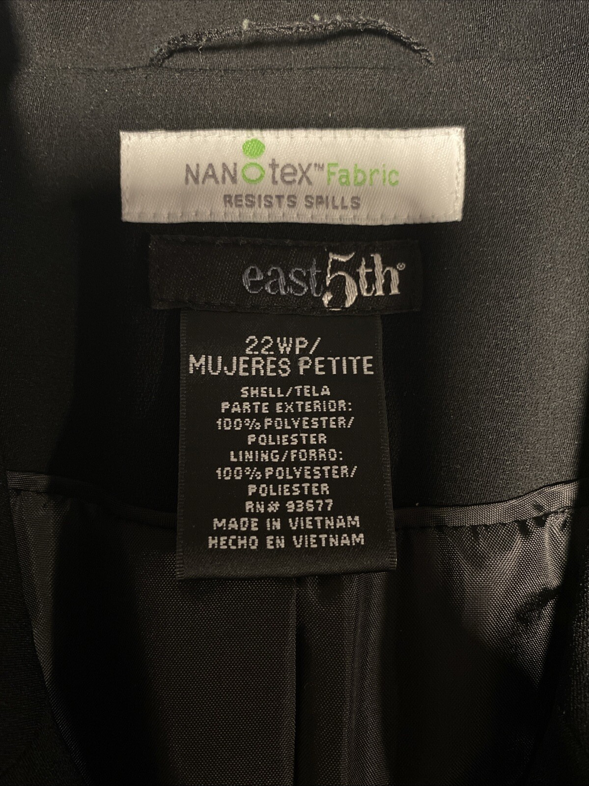 East 5th Size 22P Black Blazer Nanotex Fabric Business Travel Single Breasted
