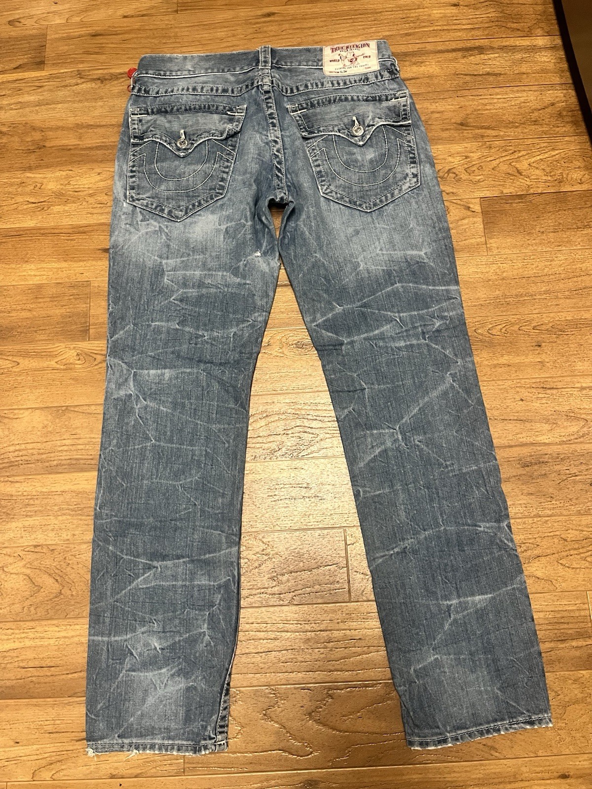 True Religion Jeans Mens Size 33 Blue Straight Leg Flap Pockets Distressed Denim
