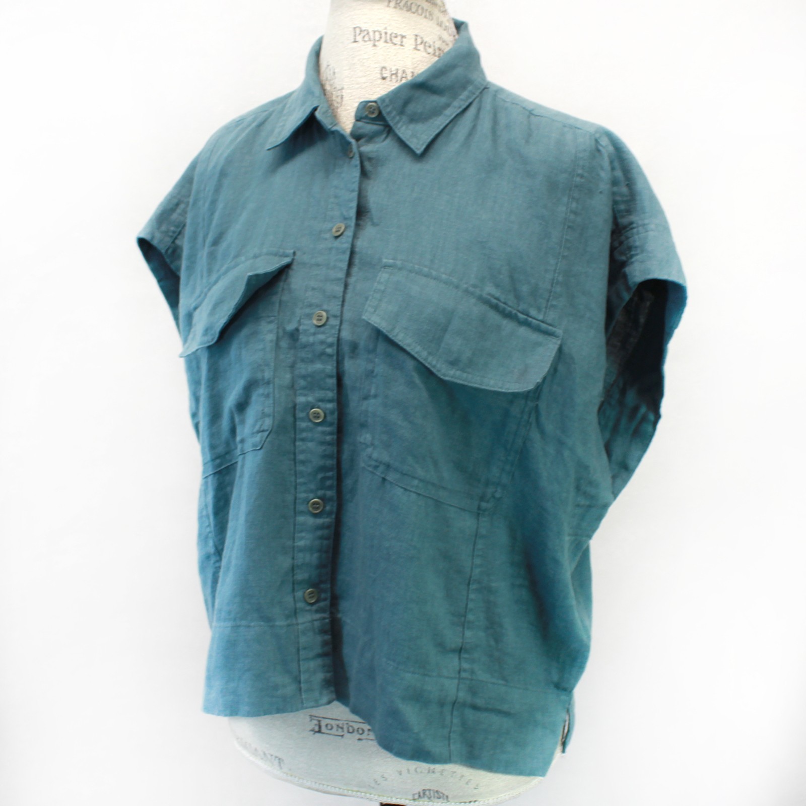 Madewell Flap-Pocket Button-Up Shirt 100% Linen mineral Green Cropped Casual XXL