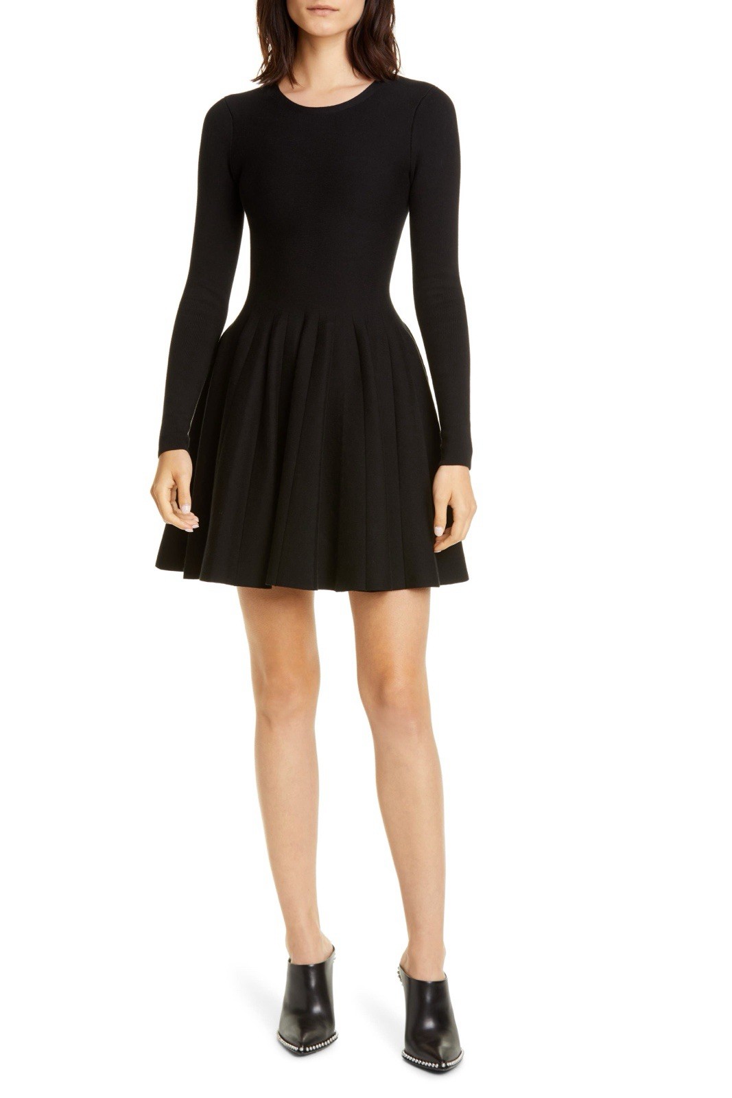 alexanderwang Black Fit & Flare Short Dress Pleated Round Neck Long Sleeve S