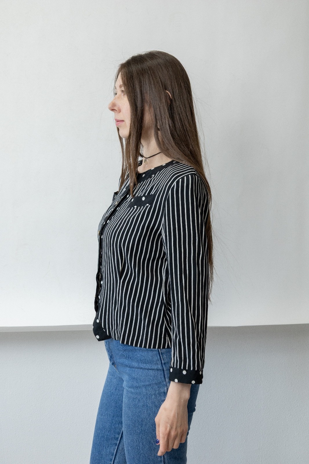 Vintage 80s Black White Mixed Print Blouse Stripe Polka Dot Office Siren Womens
