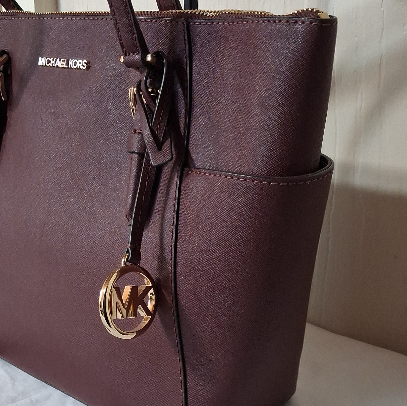 Michael Kors Burgundy Charlotte Large Tote Bag Zip Top Gold Hardware Charm
