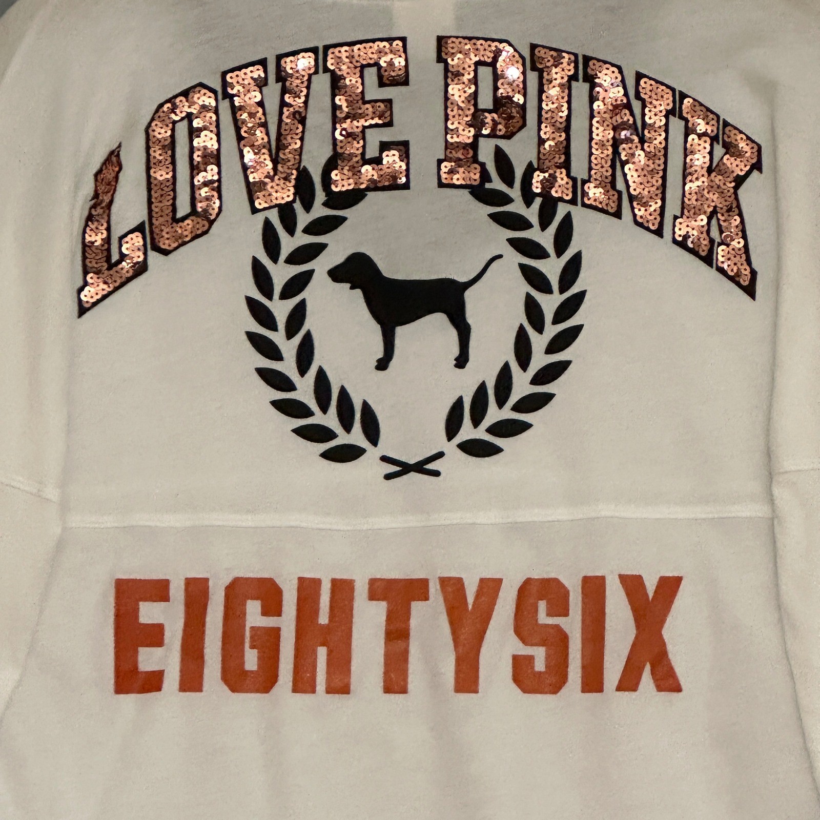 PINK Victorias Secret Womens Top S Love Pink Eighty Six White Bling Sleeve Tee
