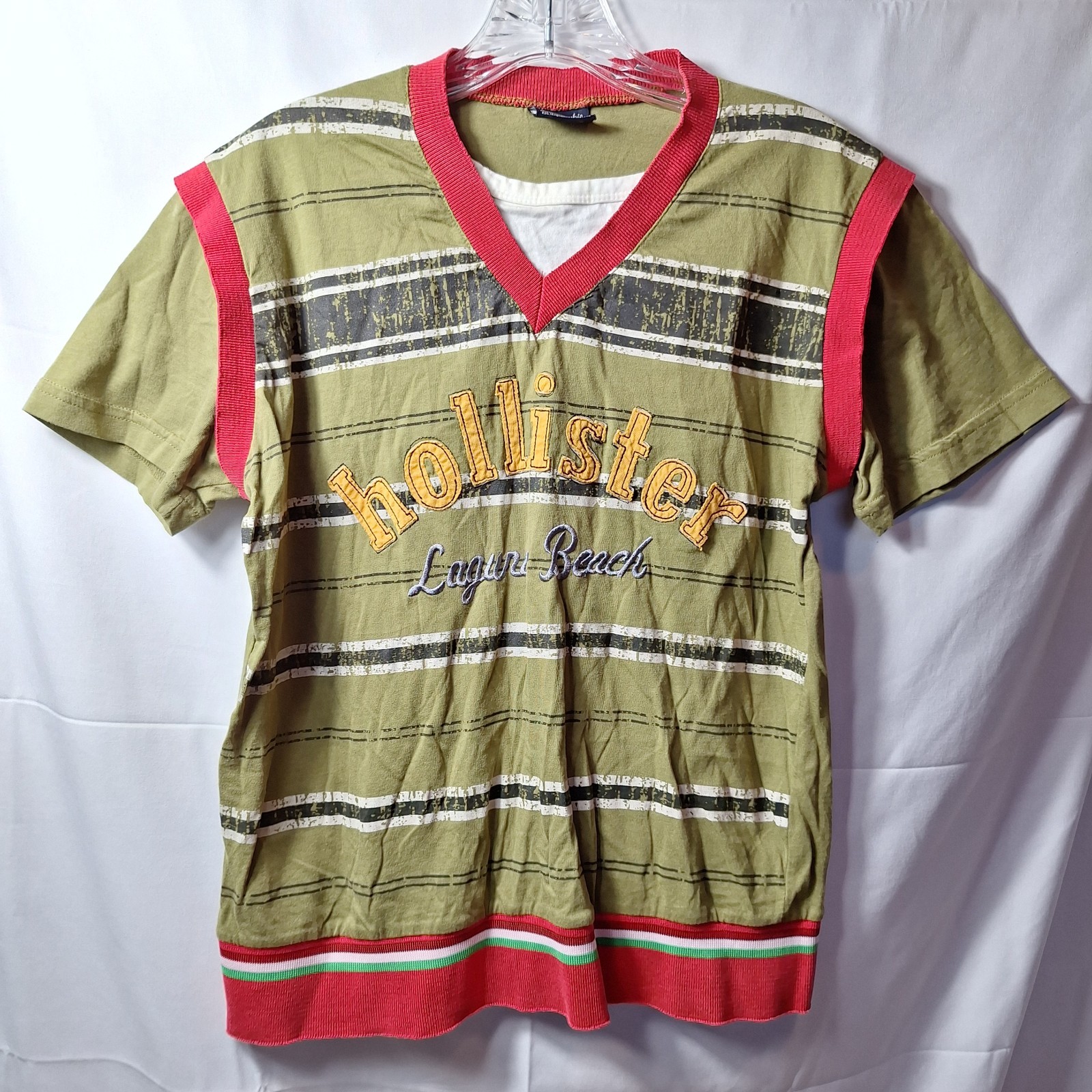 HOLLISTER Laguna Beach “Full Game” Tee Sz M Green Stripe So Cal Surf 90s Y2K GUC