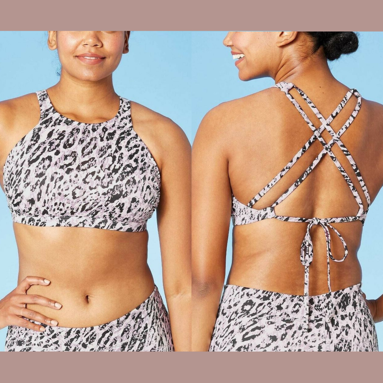 NWT $46 All in Motion [ Medium ] Strappy Bikini Top Boyshort Bottom Animal T451