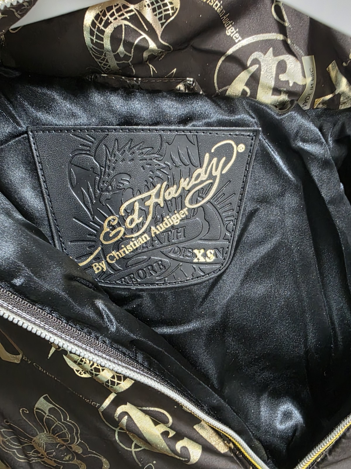 Ed Hardy Brown/Gold Hooded Bomber Jacket Skull Graphic Fur Trim Zip XS