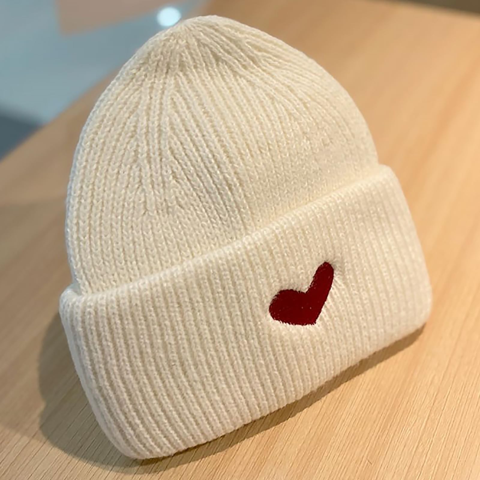 CORIRESHA Women’s Cute Heart Embroidery Beanie Soft Knitted One Size, Beige