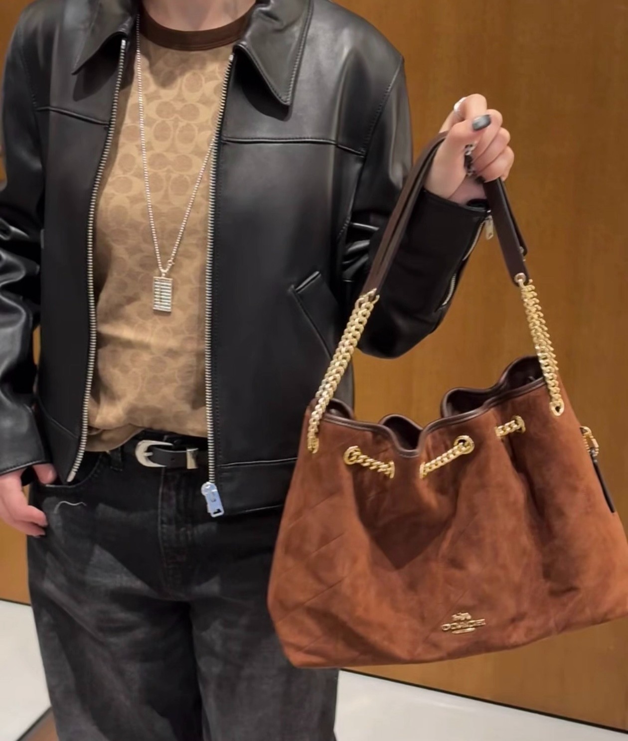COACH CCZ80 Evelyn Shoulder Bag with Quilting Suede Gold/Vintage Brown/Maple NWT