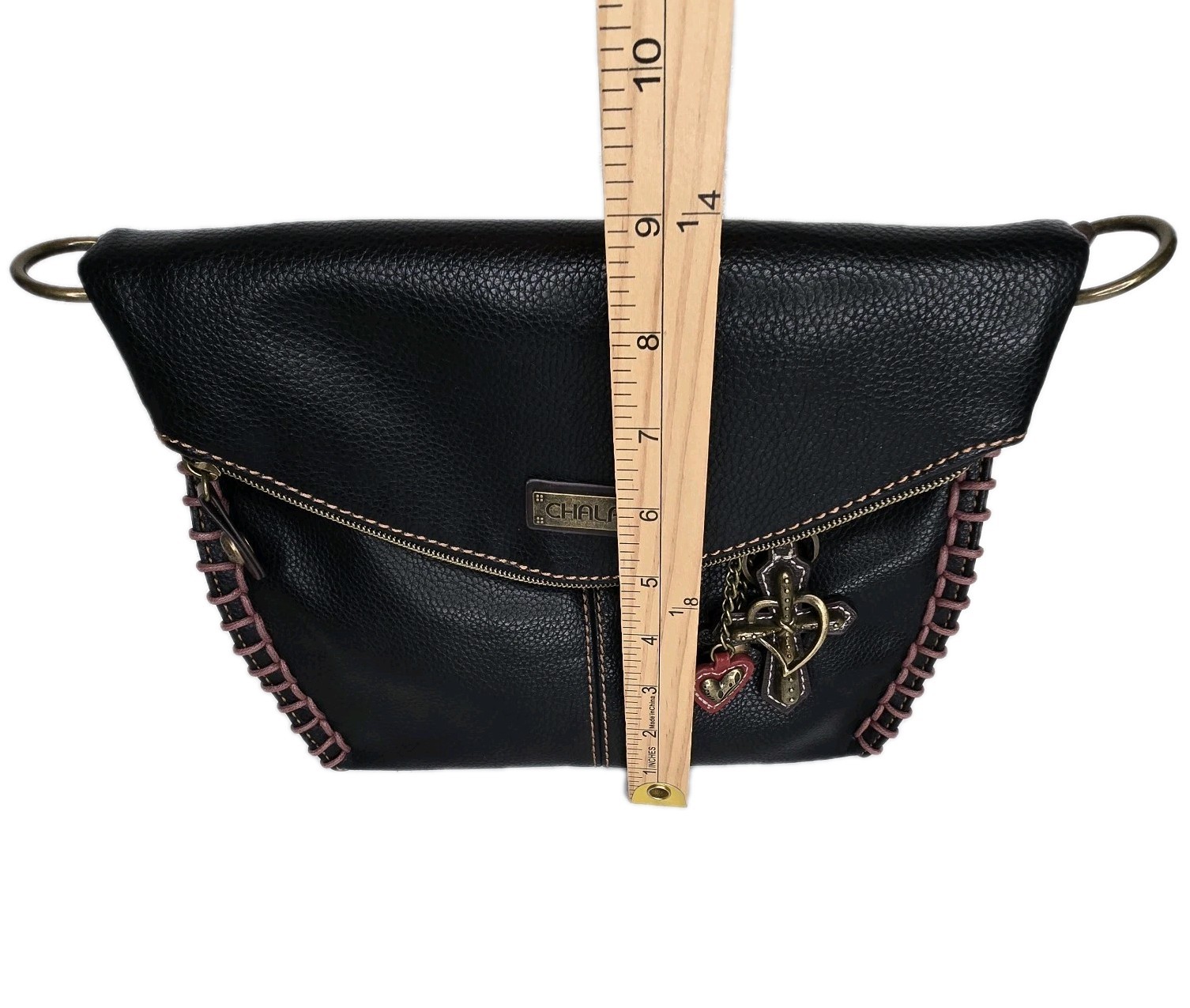 Chala Handbags Charming Crossbody Bag Flap Top Zipper Black + Cross Purse Charm