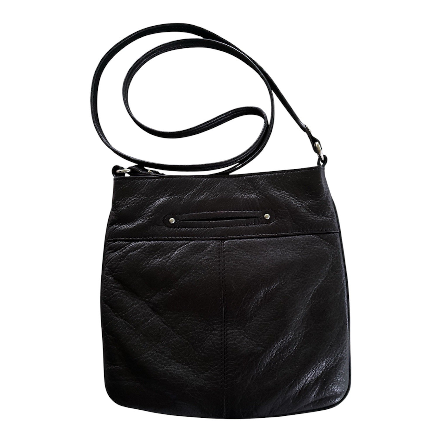 B. MAKOWSKY WOMEN’S BLACK LEATHER CROSSBODY PURSE DRAWSTRING FRONT SILVER EYELET