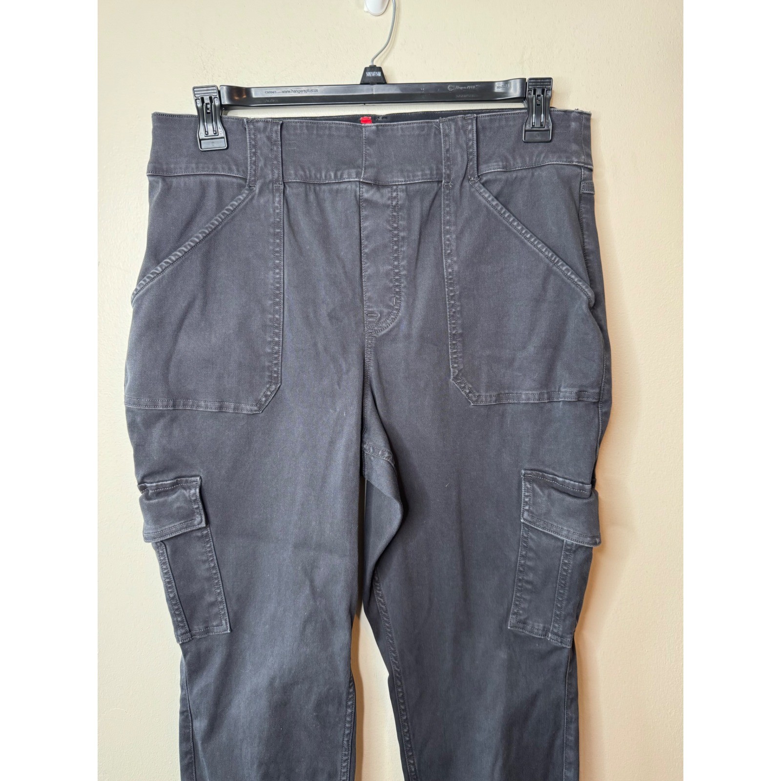 Spanx Womens Stretch Twill Cargo Pants Washed Black Pull On Slim
