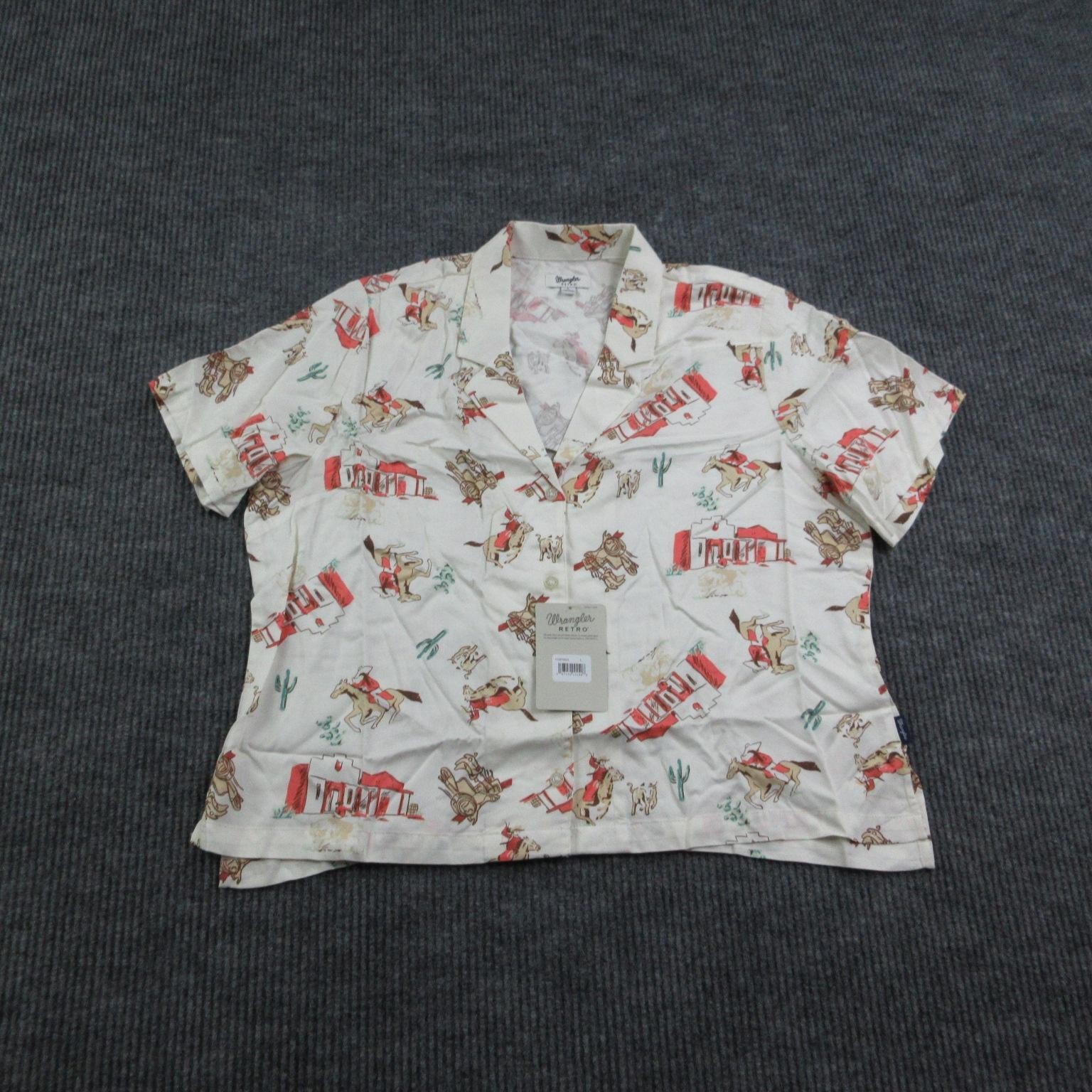 Wrangler Retro Shirt Womens L Off-White Short Sleeve Collared Animal Print NWT